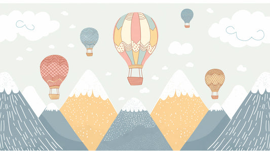 Papier Peint Montgolfière Aventure Montagnes Pastels et Nuages