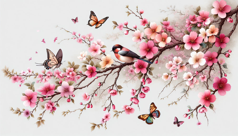 Papier Peint Cerisier Japonais Fleurs et Papillons sur Branche