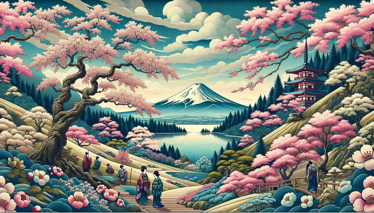 Papier Peint Japonais Mont Fuji et Cerisiers en Fleurs