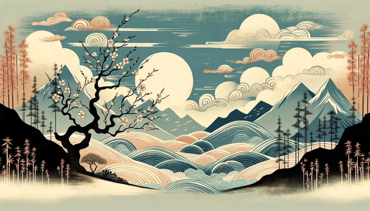 Papier Peint Japonais Paysage Montagne et Cerisier en Fleurs