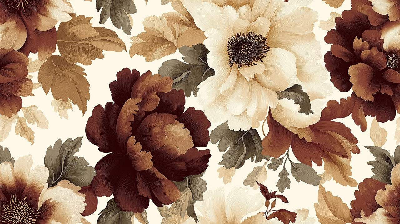 Papier Peint Fleuri Vintage Fleurs Majestueuses Bordeaux et Crème