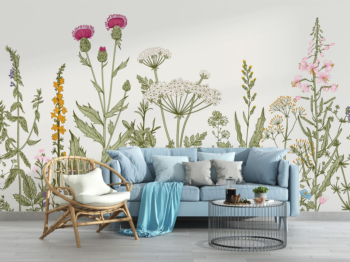 Papier Peint Floral Fresque Botanique de Fleurs Sauvages Example de Design 1