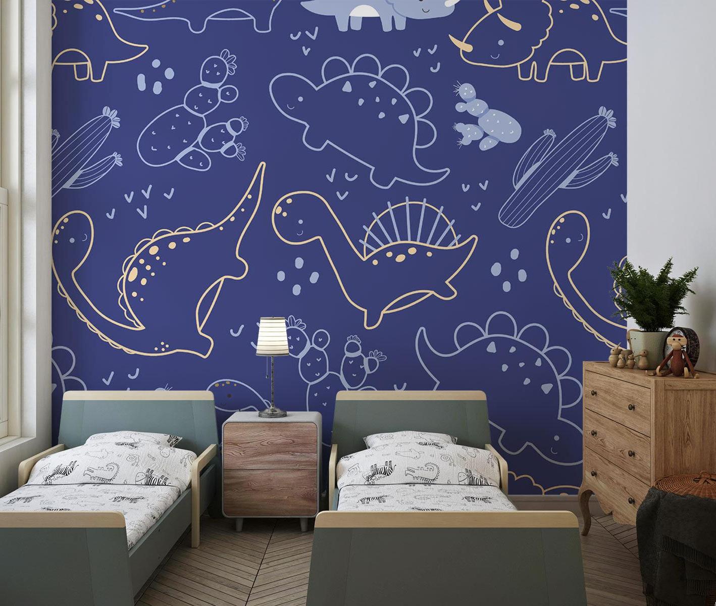 Papier Peint Dinosaure Motif Ligne Art Bleu Marine et Doré Example de Design 1