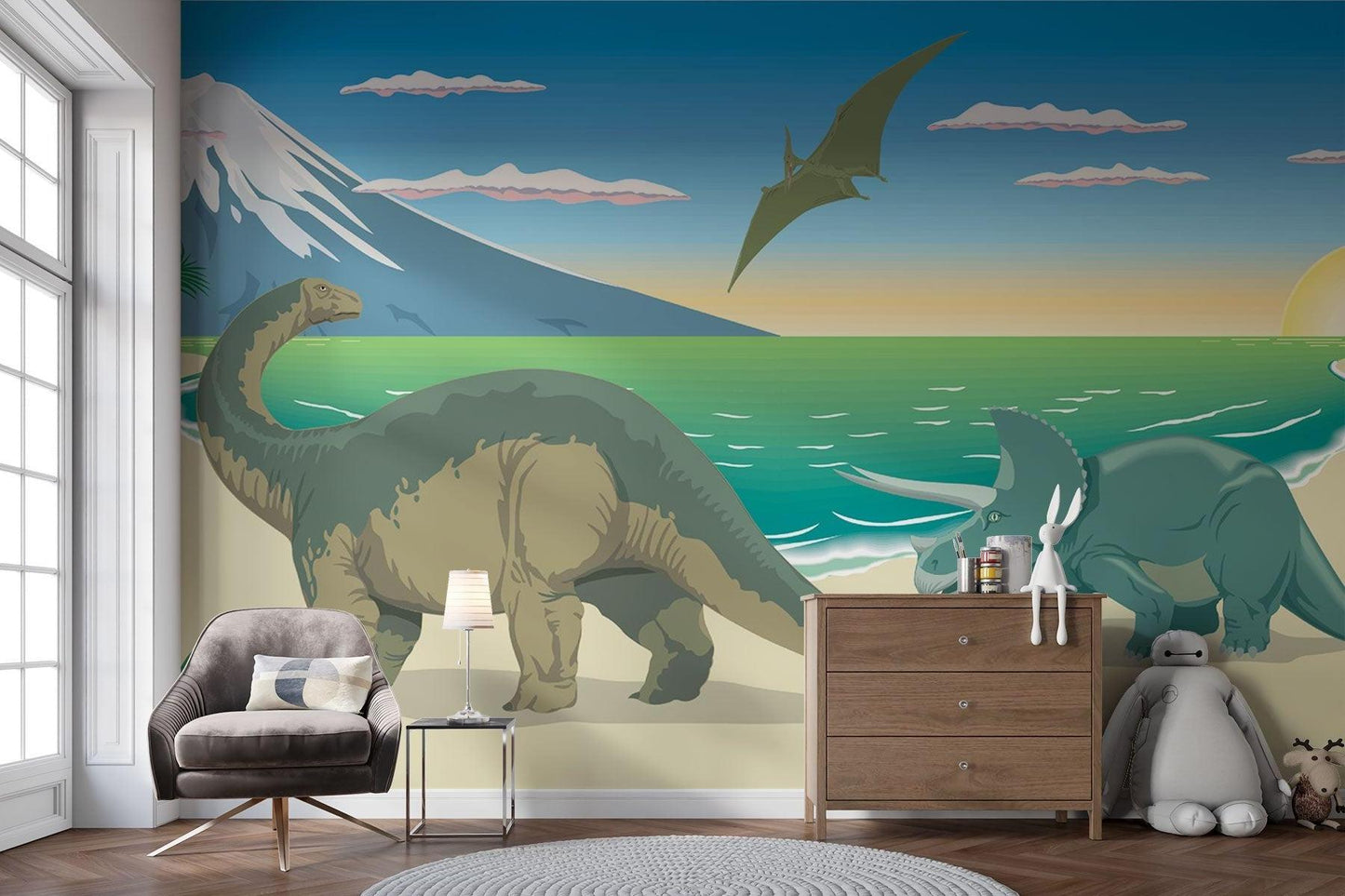 Papier Peint Dinosaure Paysage Préhistorique avec Montagnes et Océan Example de Design 1