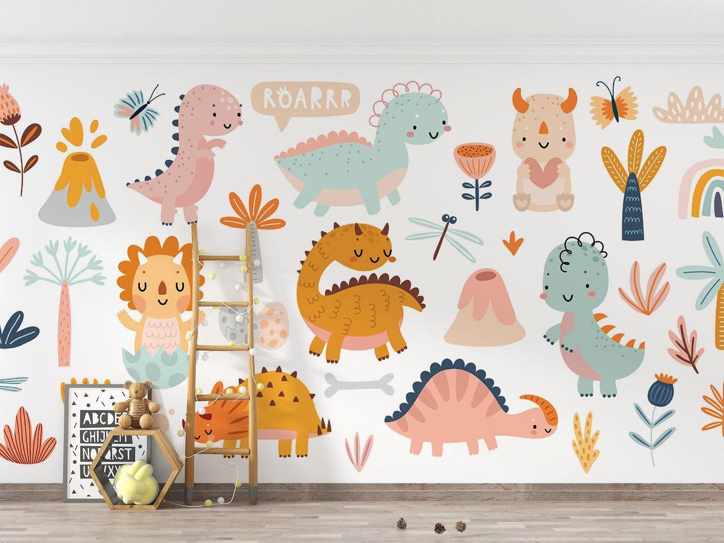 Papier Peint Dinosaure Fresque Pastel avec Motifs Nature Example de Design 1