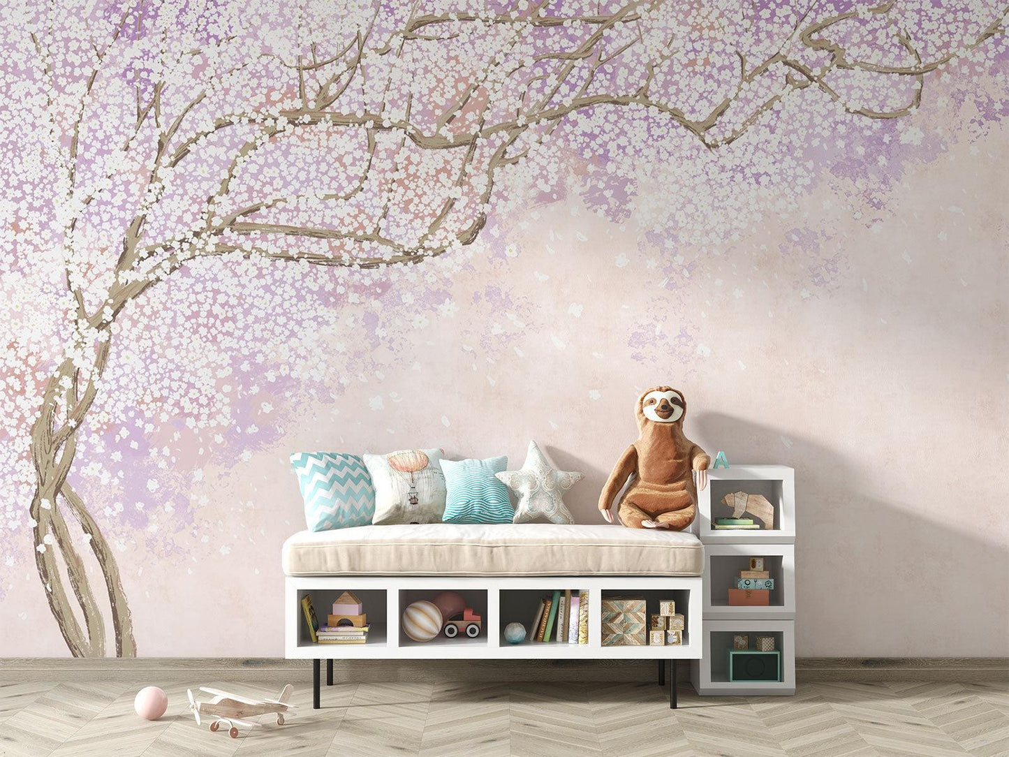 Papier Peint Cerisier Japonais Branches de Sakura Rose et Lavande Example de Design 1