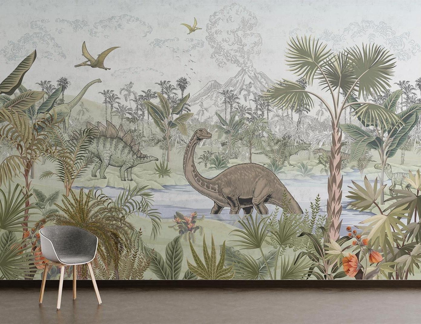 Papier Peint Dinosaure Scène Préhistorique Tropicale avec Volcans Example de Design 1