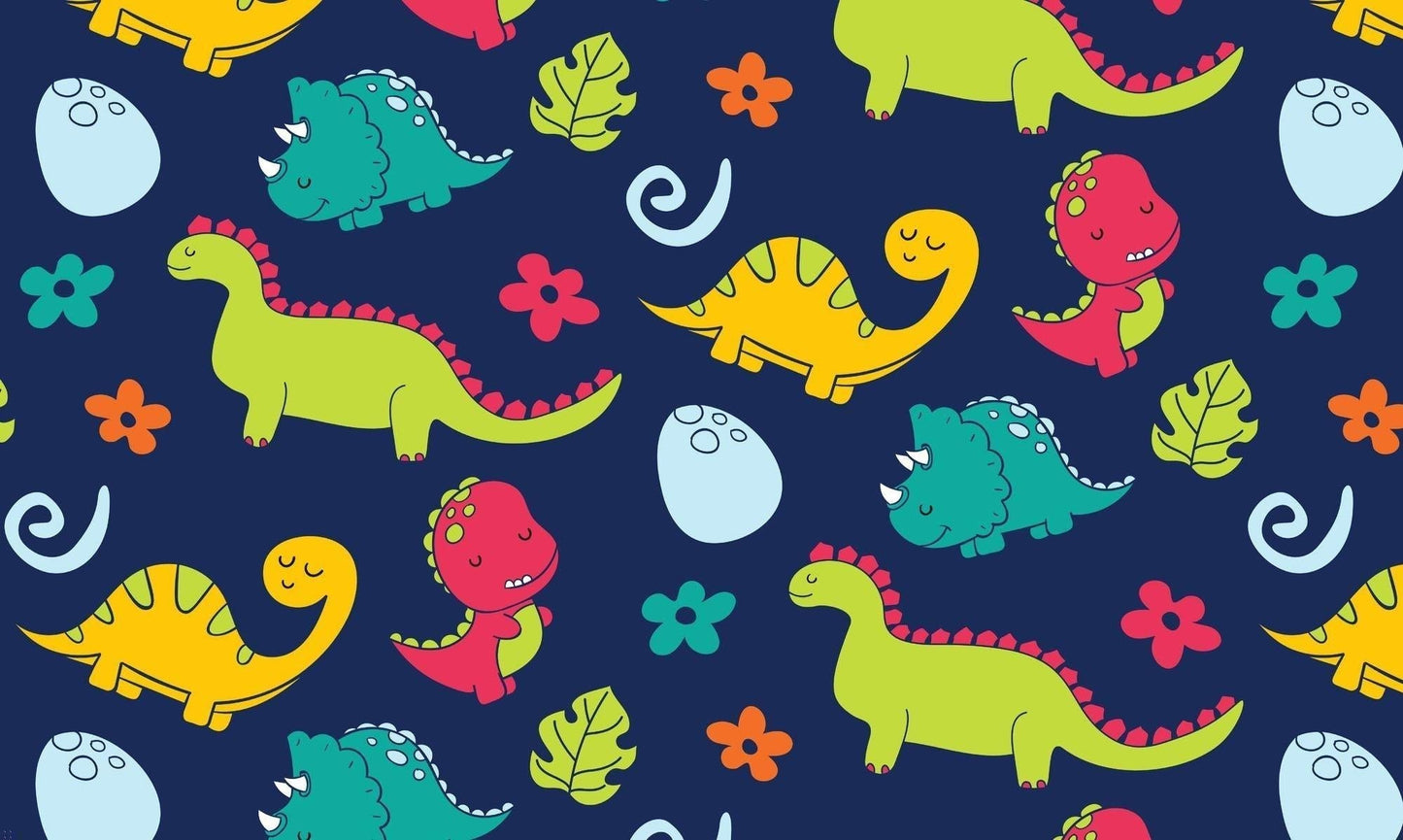 Papier Peint Dinosaure Motifs Colorés sur Fond Bleu Marine