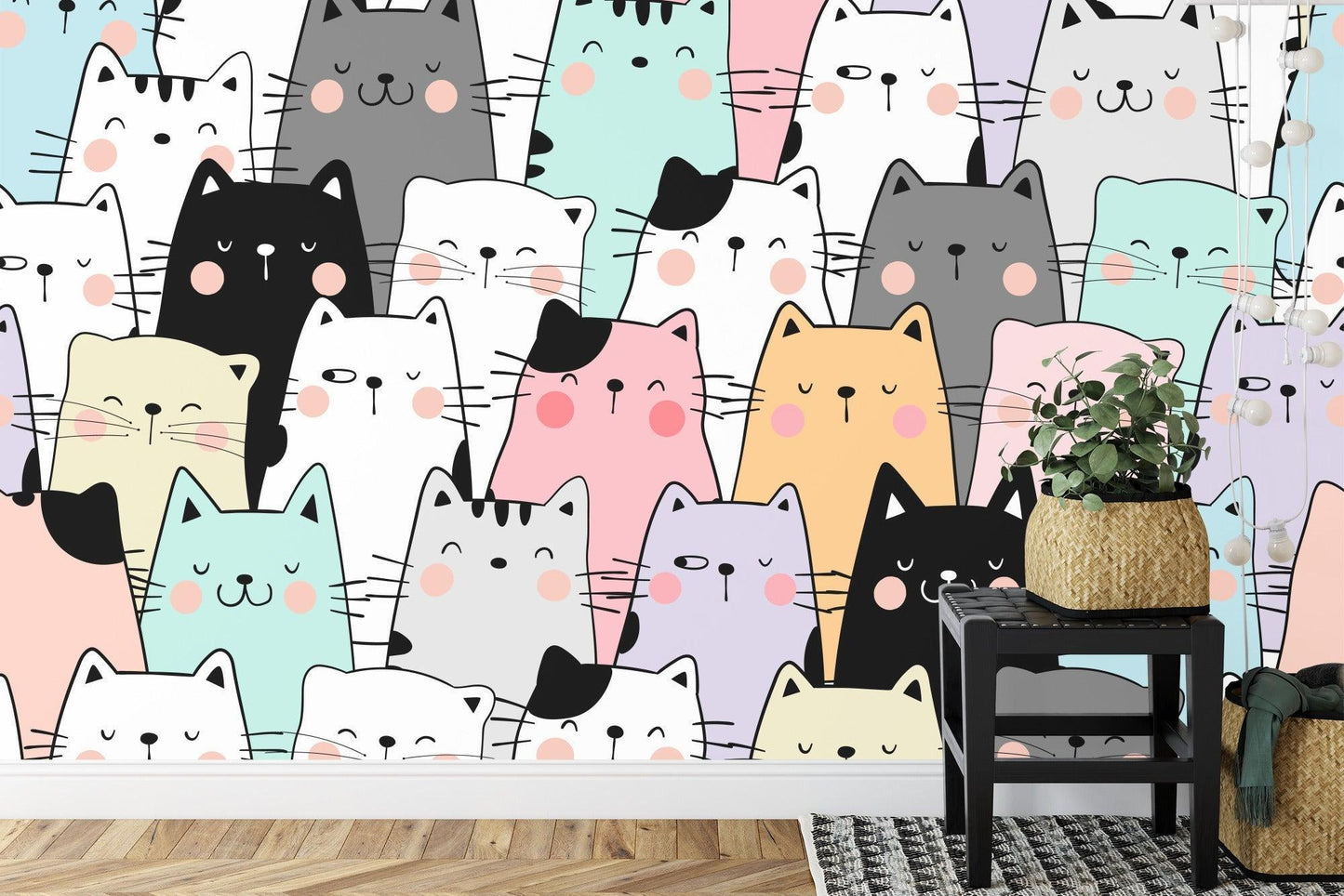 Papier Peint Chats Design Kawaii Pastel avec Minois Mignons Example de Design 1