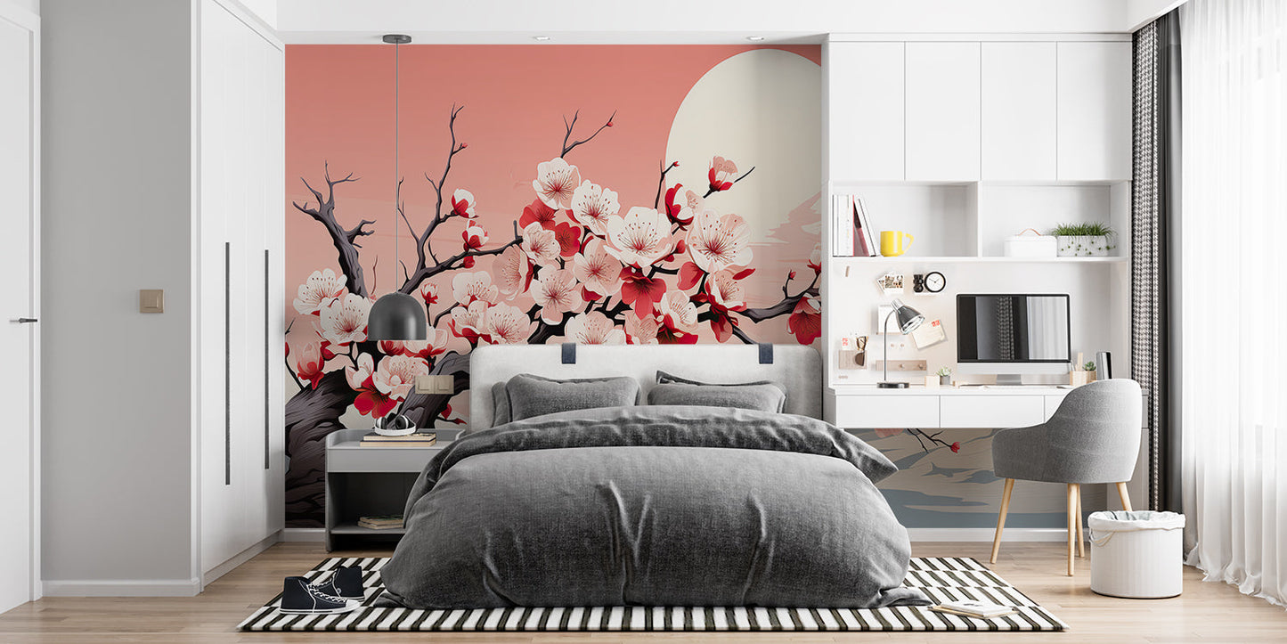 Papier Peint Japonais Cerisiers en Fleurs et Pleine Lune Rose Example de Design 1
