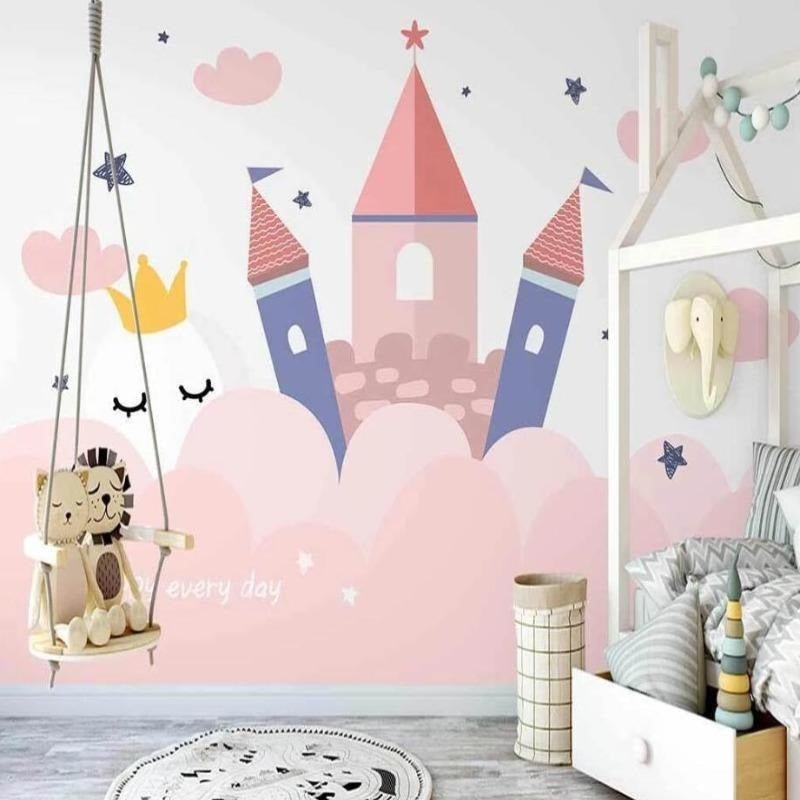 Papier Peint Château de Princesse Design Féérique Rose et Bleu Example de Design 1