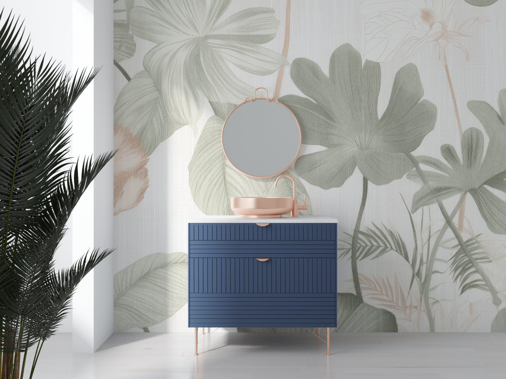 Papier Peint Feuillage Monstera et Palmiers Tons Vert Sauge Example de Design 1