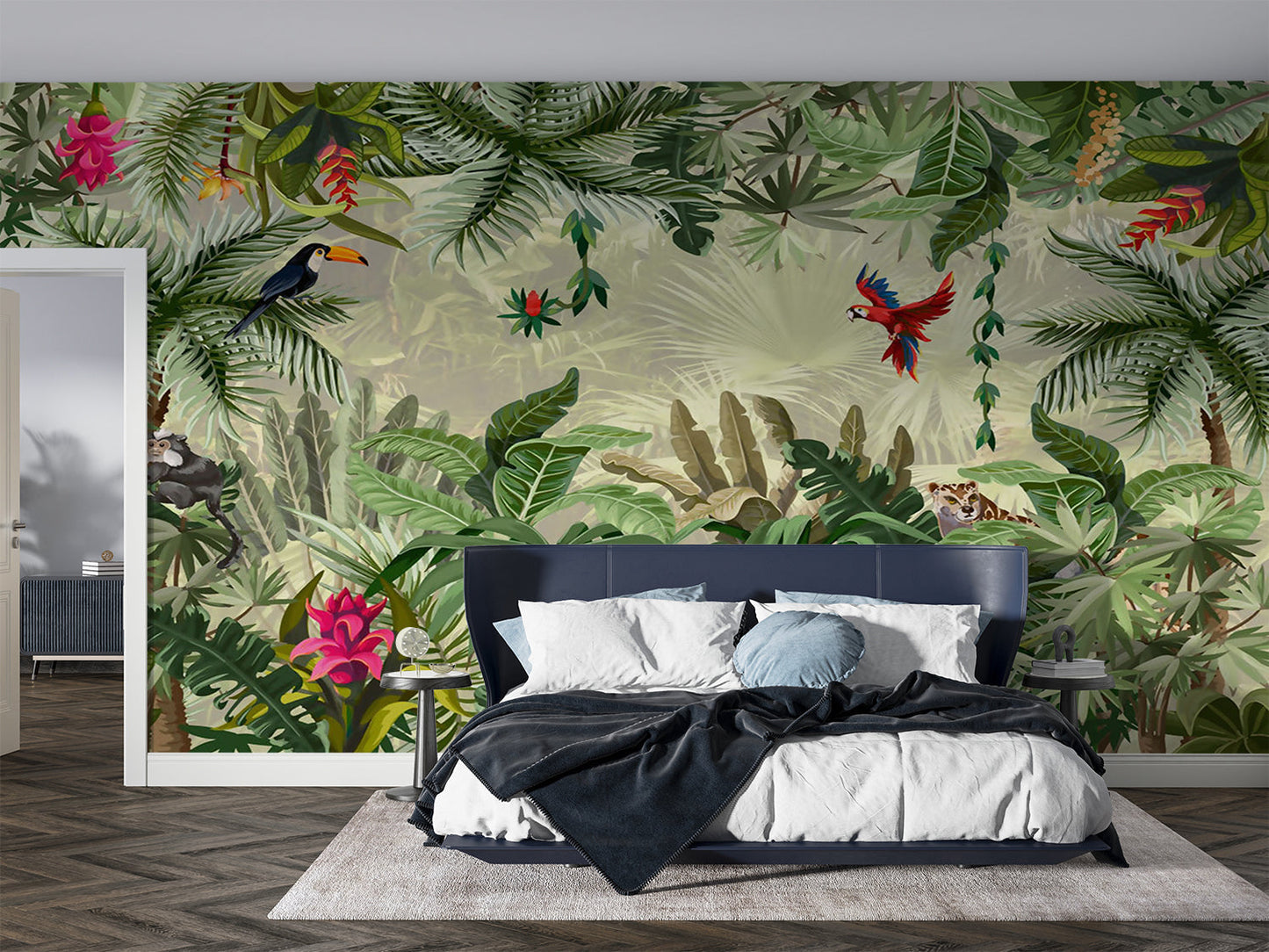 Papier Peint Jungle Tropicale Oiseaux Exotiques et Fleurs Sauvages Example de Design 1