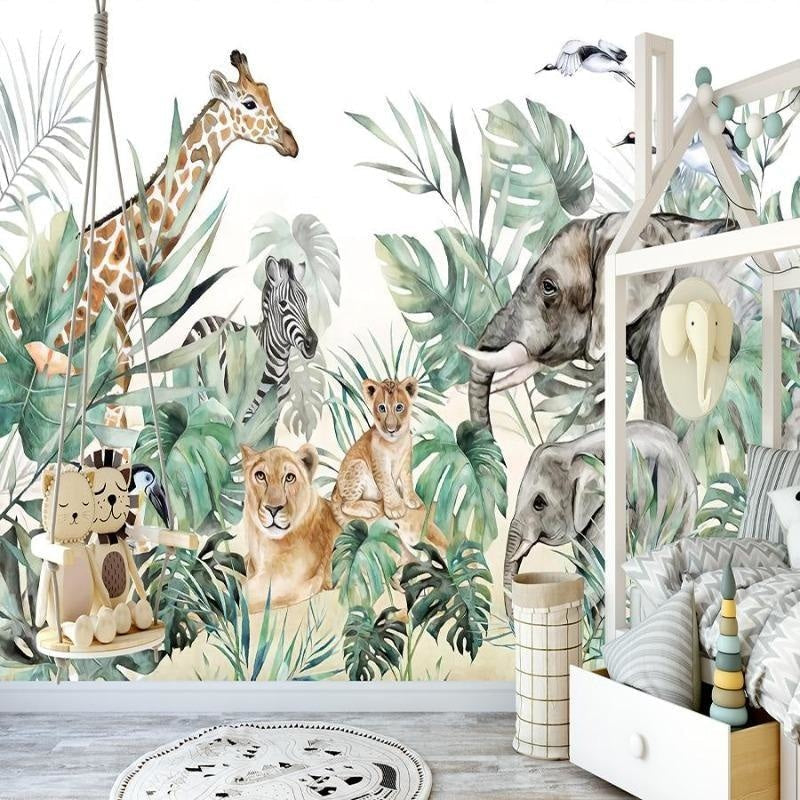 Papier Peint Safari Fresque Aquarelle Animaux et Feuillages Tropicaux Example de Design 1