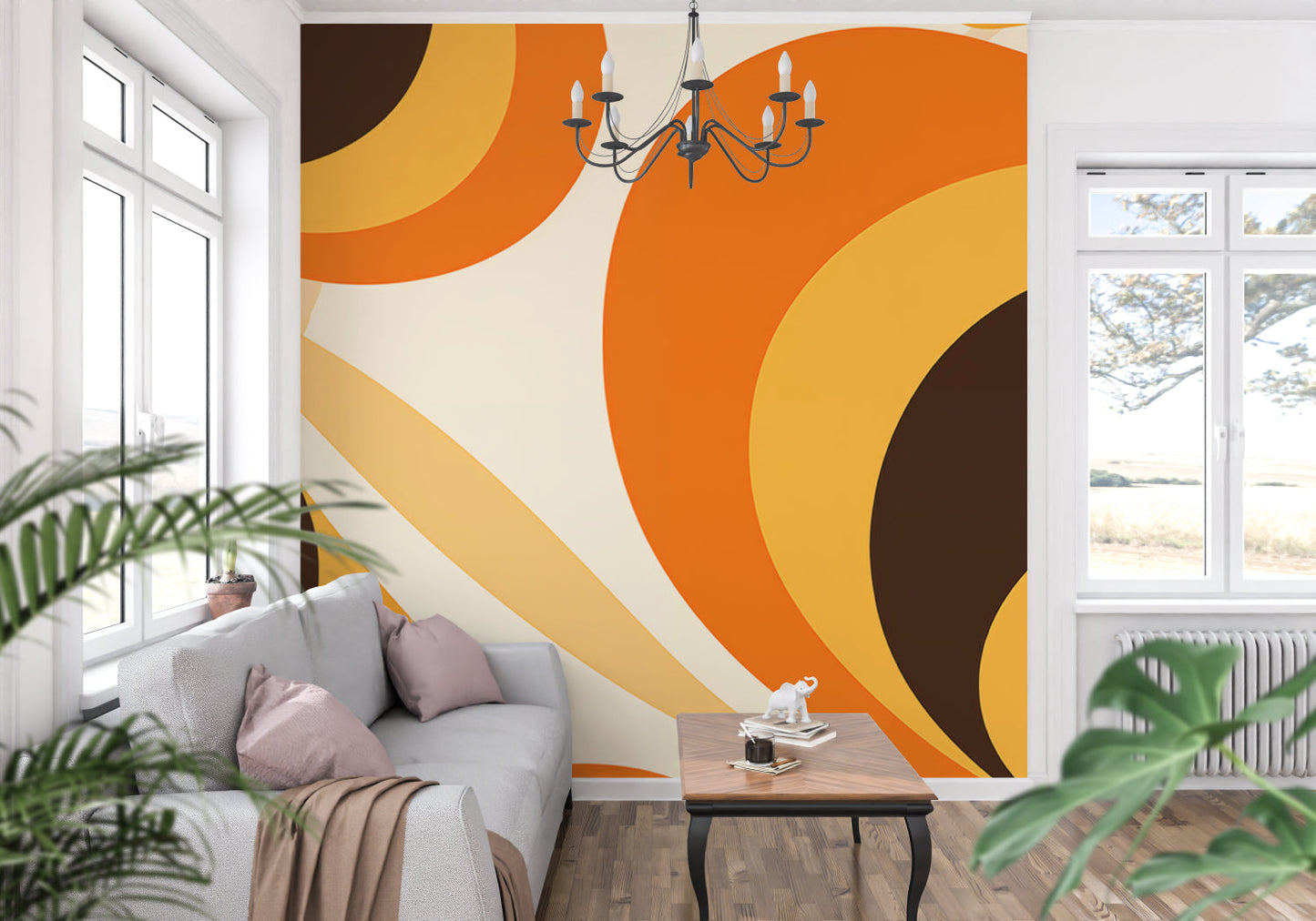Papier Peint Géométrique Cercles Rétro Orange Style 70s Example de Design 1