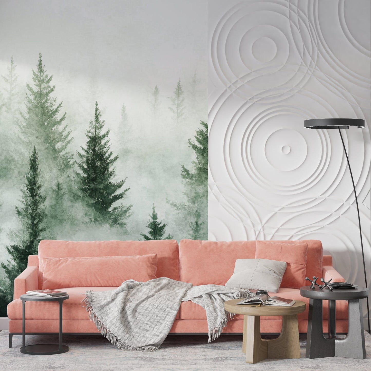 Papier Peint Forêt Pins dans la Brume Aquarelle Example de Design 1