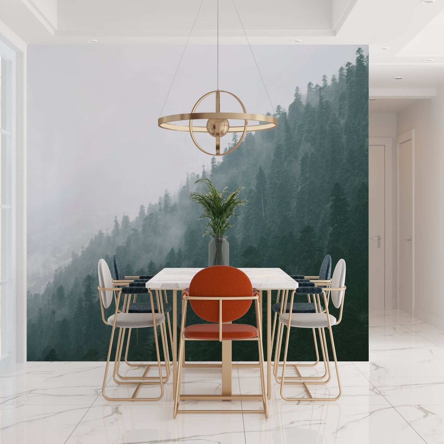 Papier Peint Forêt Pins Brumeux dans les Montagnes Example de Design 1