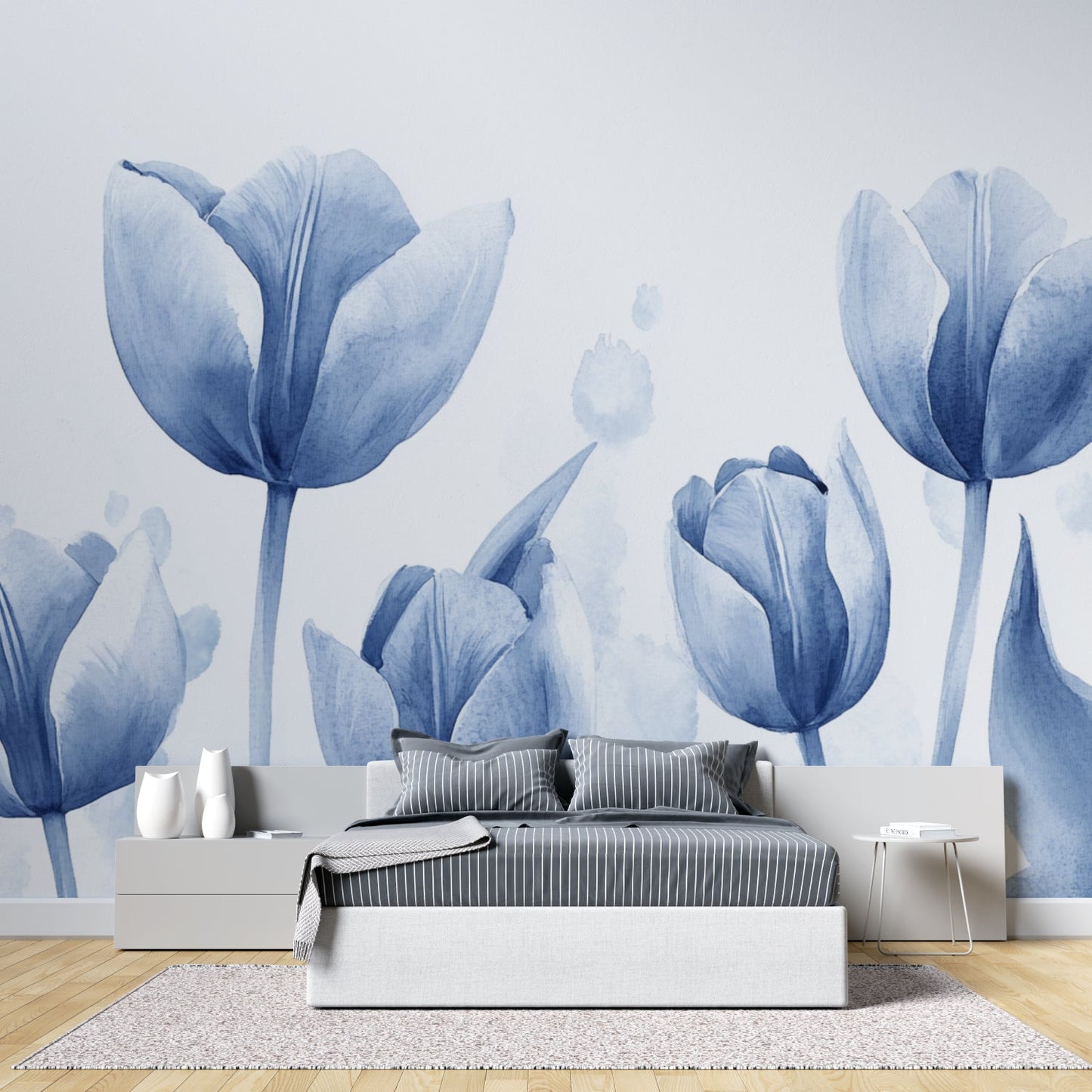 Papier Peint Tulipes Aquarelle Florale Bleu Azur Example de Design 1