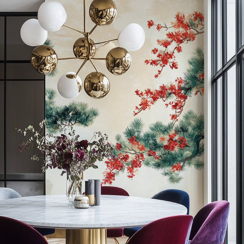 Papier Peint Japonais Pin et Cerisier en Fleurs Style Asiatique Example de Design 1