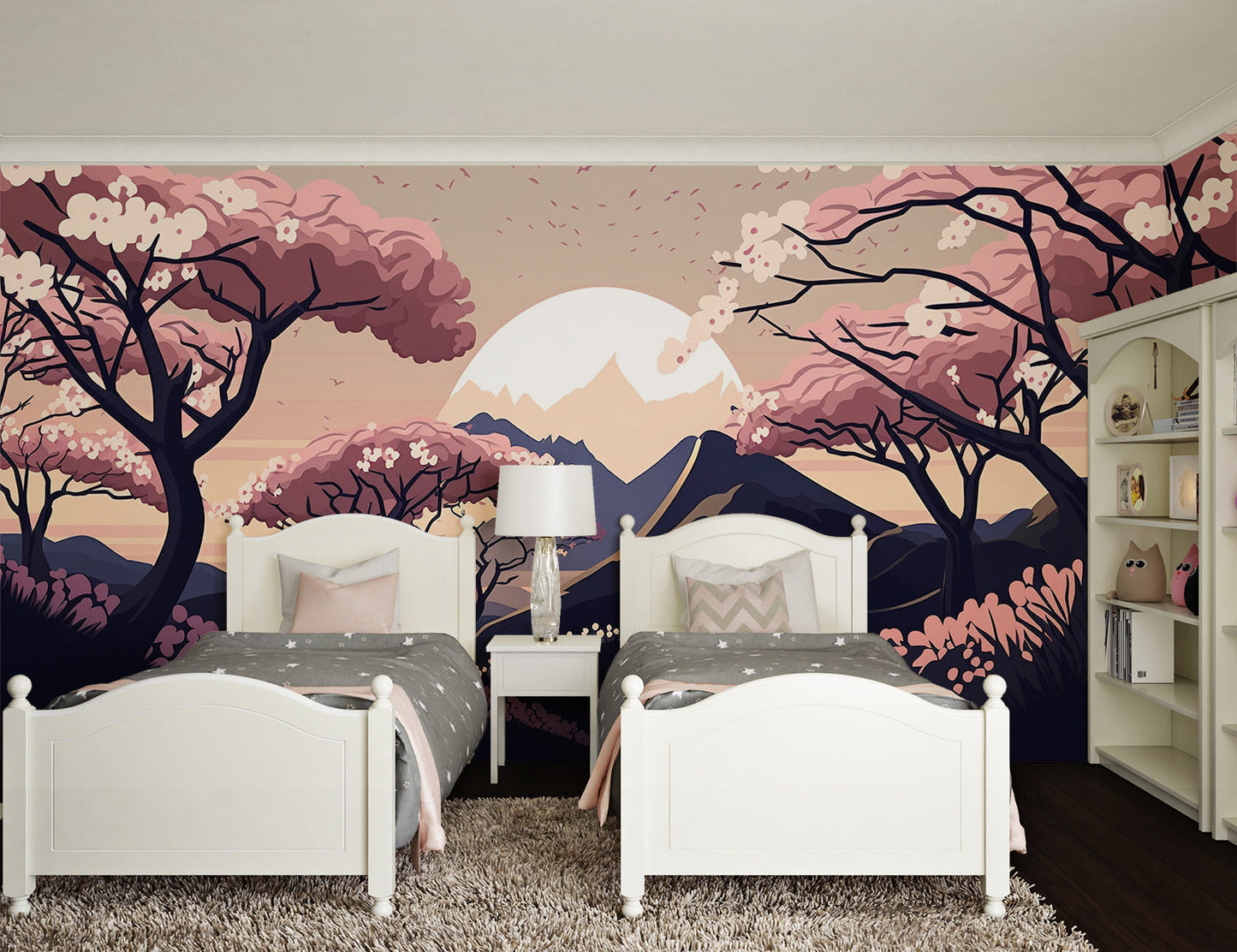 Papier Peint Japonais Cerisiers en Fleurs et Mont Enneigé au Coucher du Soleil Example de Design 1