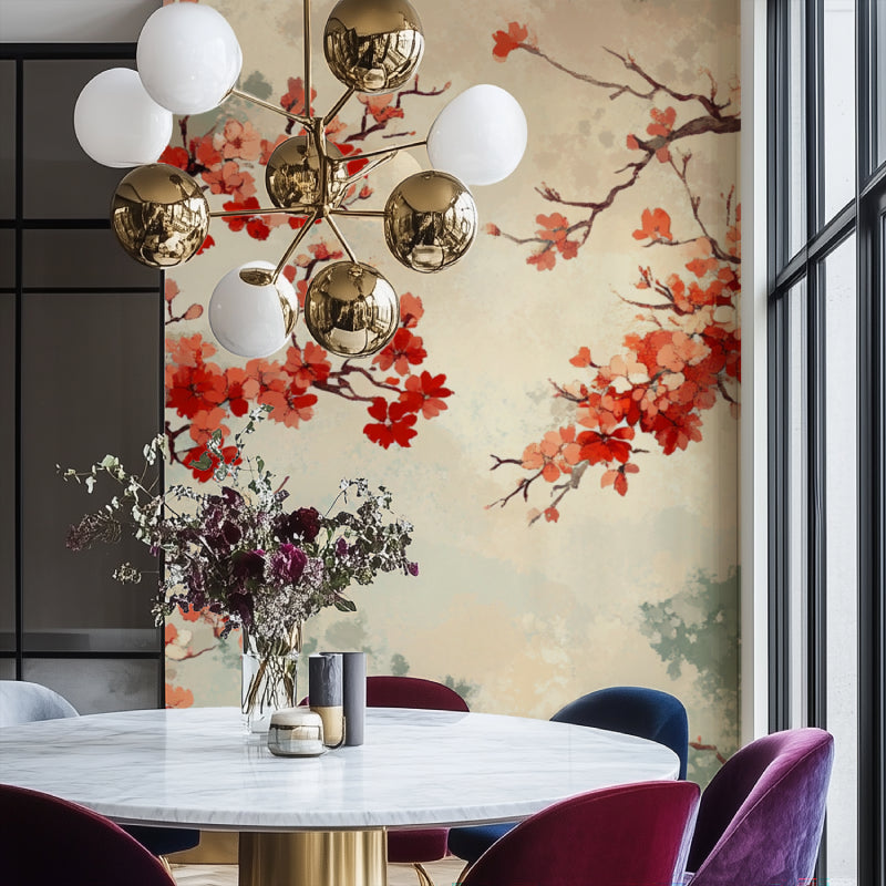 Papier Peint Japonais Cerisiers en Fleurs Rouge et Beige Premium