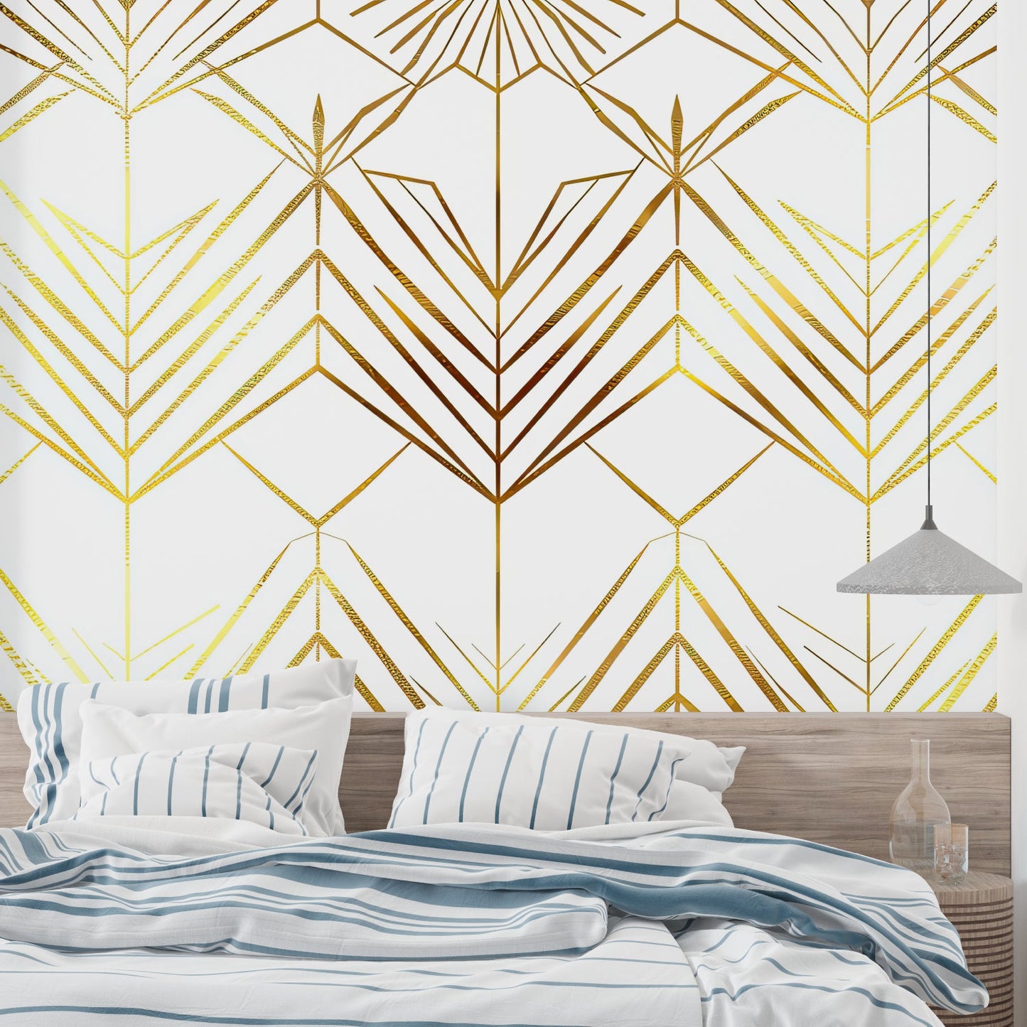 Papier Peint Art Déco Motif Géométrique Doré sur Fond Blanc Example de Design 1