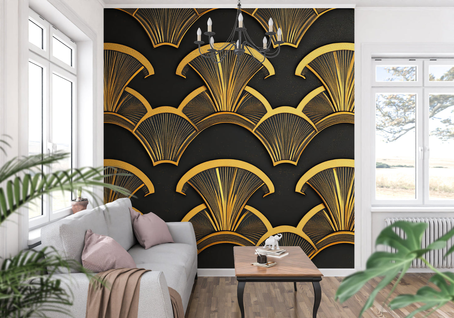 Papier Peint Art Déco Motif Éventail Noir et Doré Example de Design 1