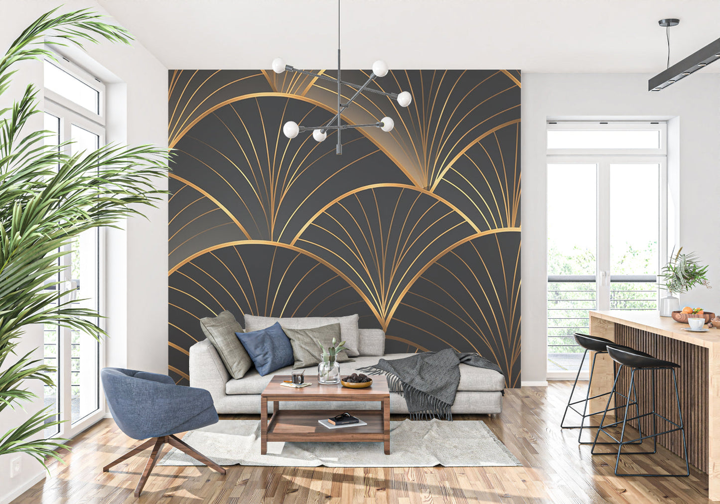 Papier Peint Art Déco Motif Éventail Noir et Doré Example de Design 1