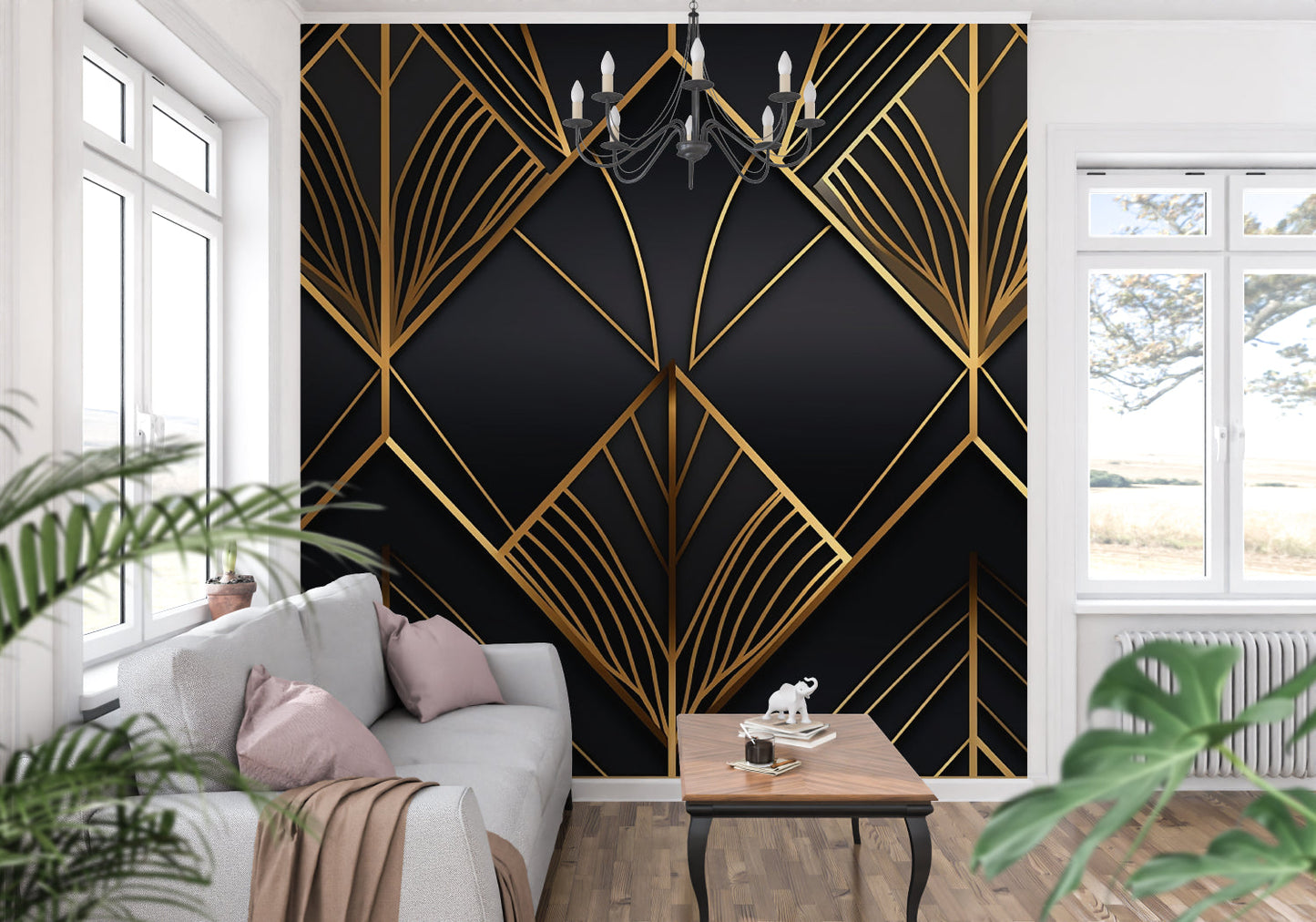Papier Peint Art Déco Motif Géométrique Noir et Doré Example de Design 1
