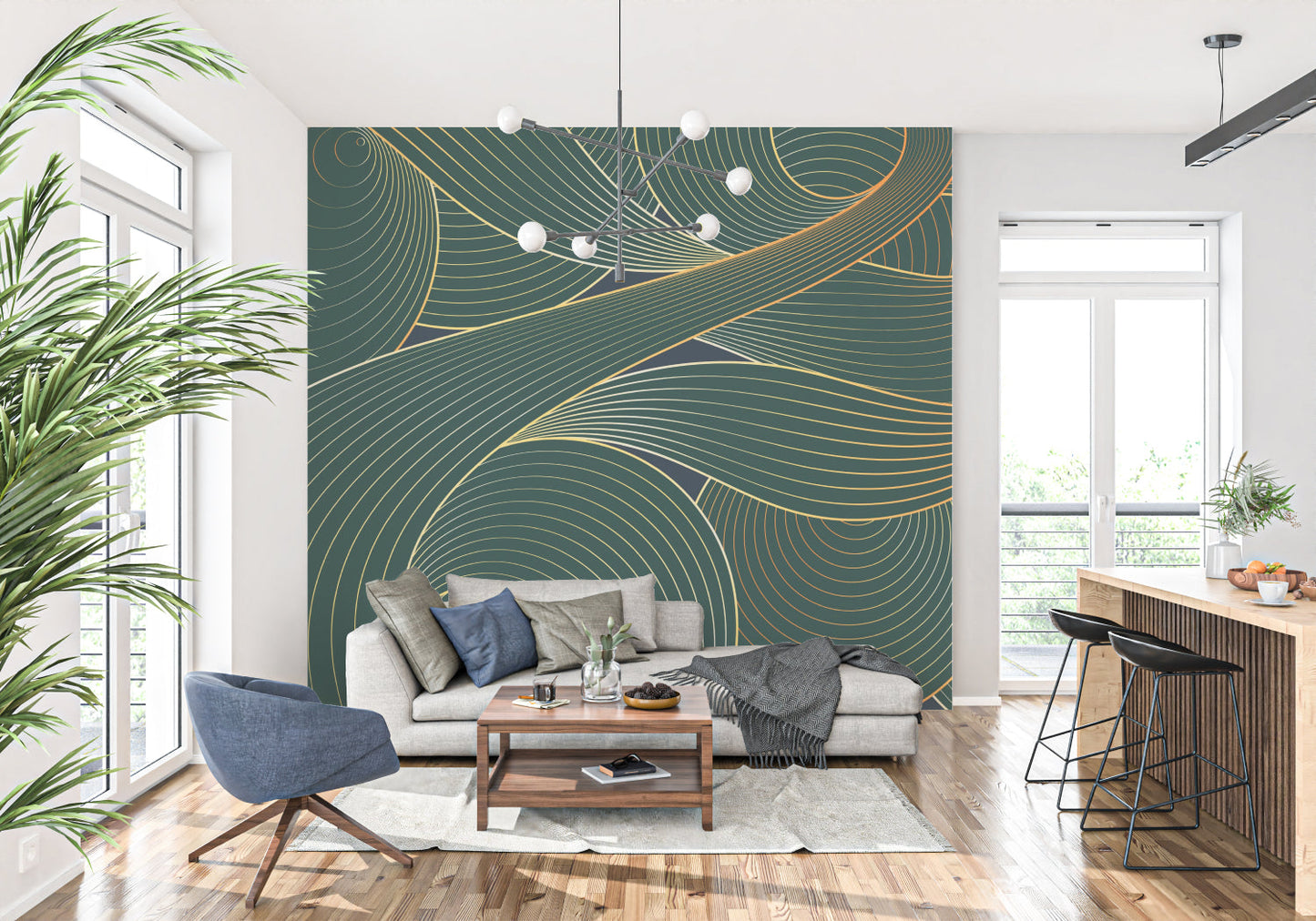 Papier Peint Art Déco Motif Vagues Émeraude et Or Example de Design 1