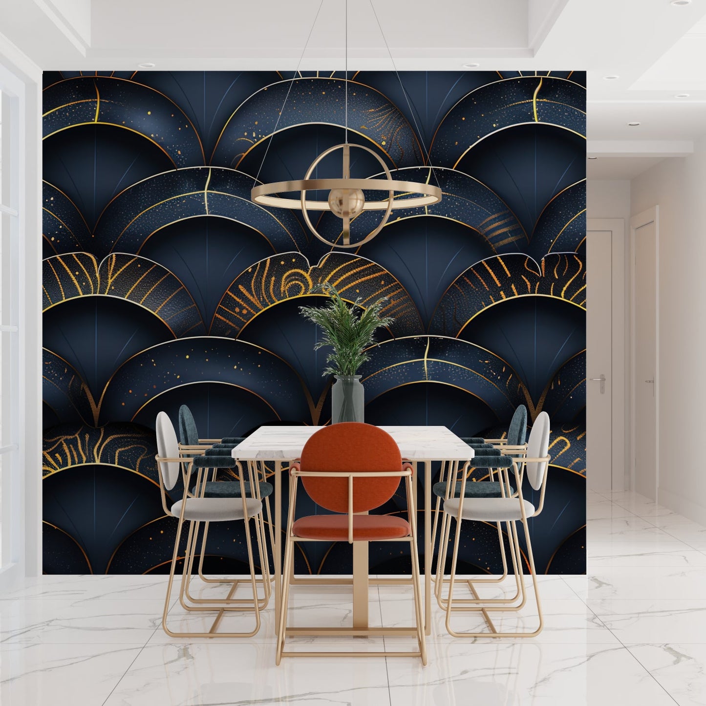 Papier Peint Art Déco Arches Géométriques Bleu Marine et Or Example de Design 1