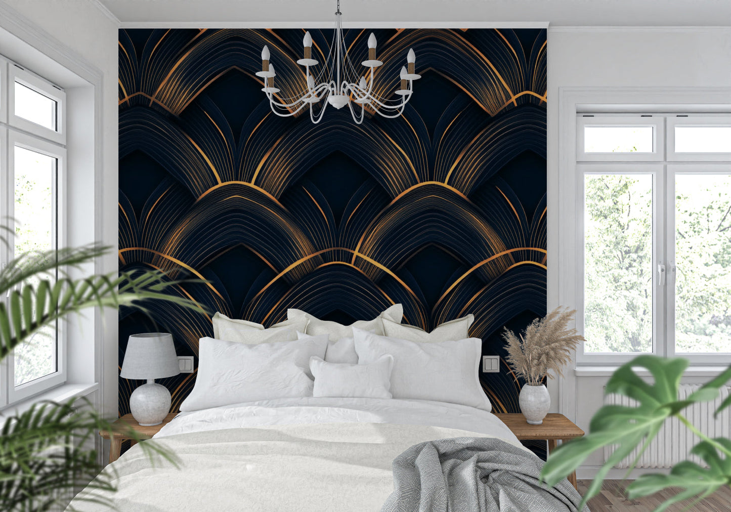 Papier Peint Art Déco Motif Éventail Géométrique Noir et Or Example de Design 1