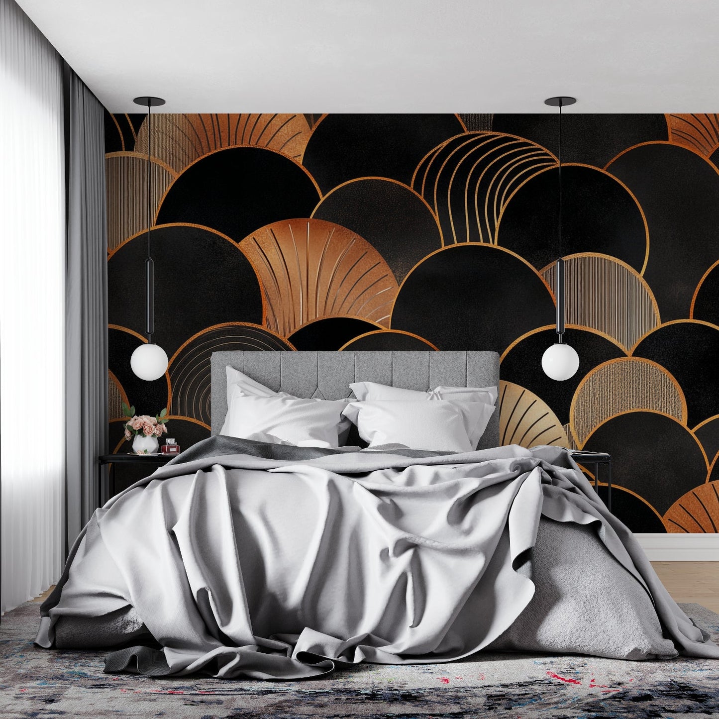 Papier Peint Art Déco Arches Géométriques Noir et Doré Example de Design 1