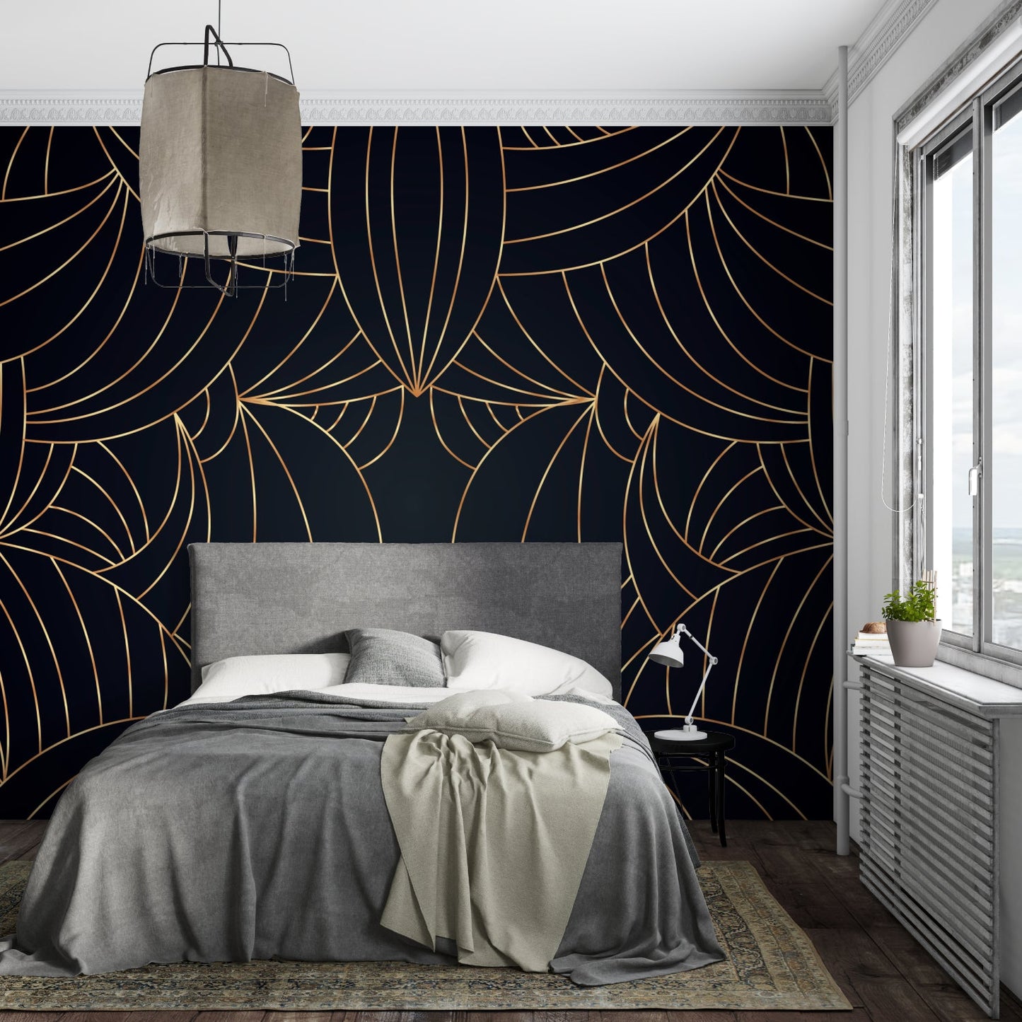 Papier Peint Art Déco Motif Géométrique Noir et Doré Example de Design 1
