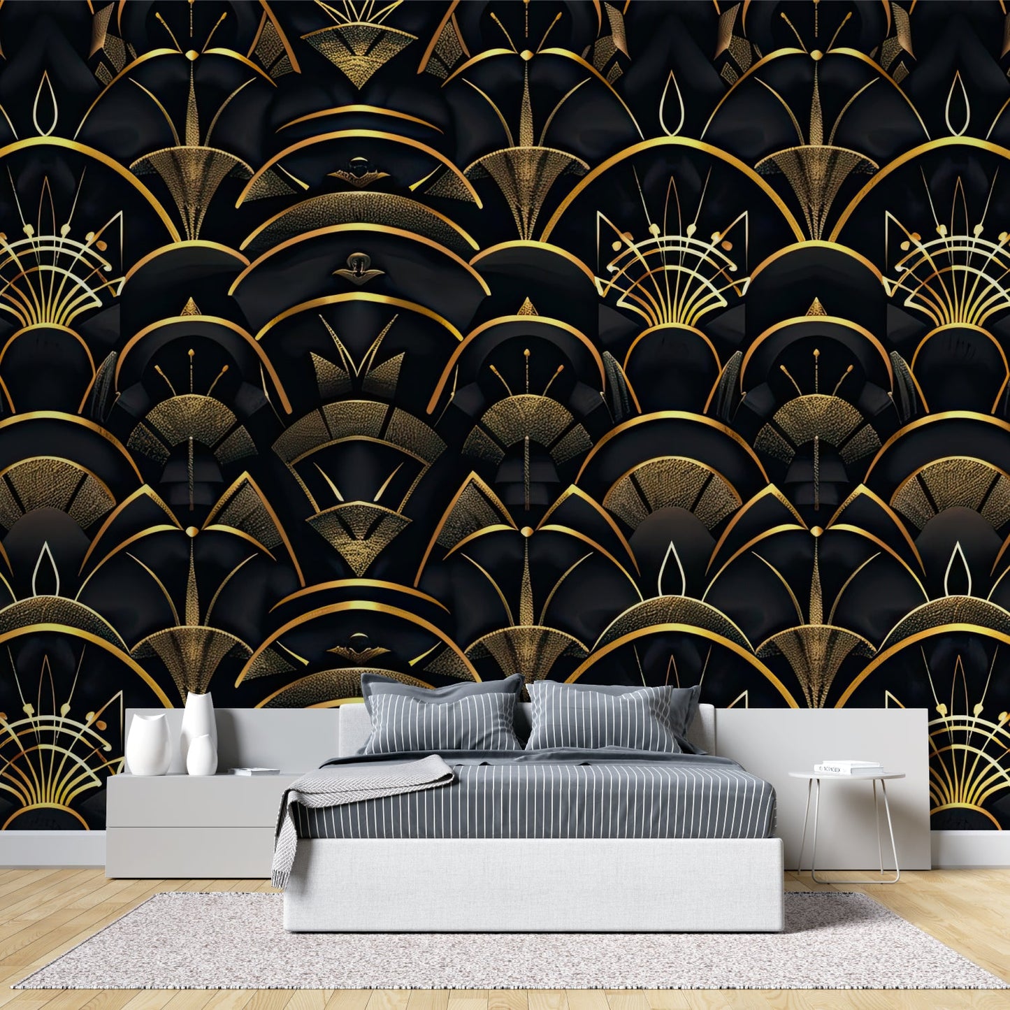 Papier Peint Art Déco Motif Géométrique Noir et Doré Example de Design 1