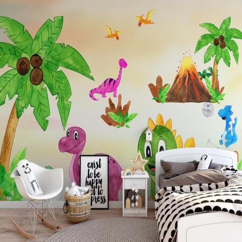 Papier Peint Dinosaure Monde Préhistorique Aquarelle et Palmiers Example de Design 1
