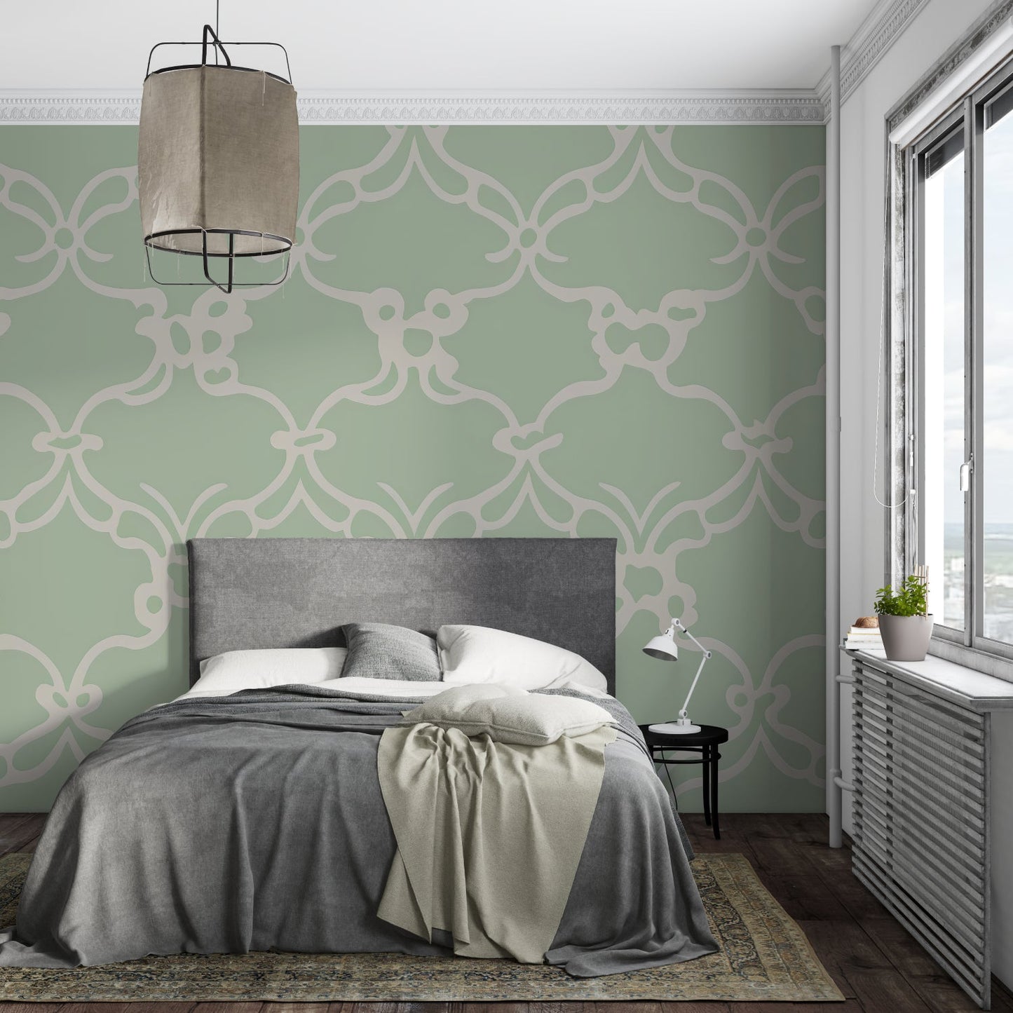 Papier Peint Art Déco Motif Géométrique Vert Sauge et Beige Example de Design 1