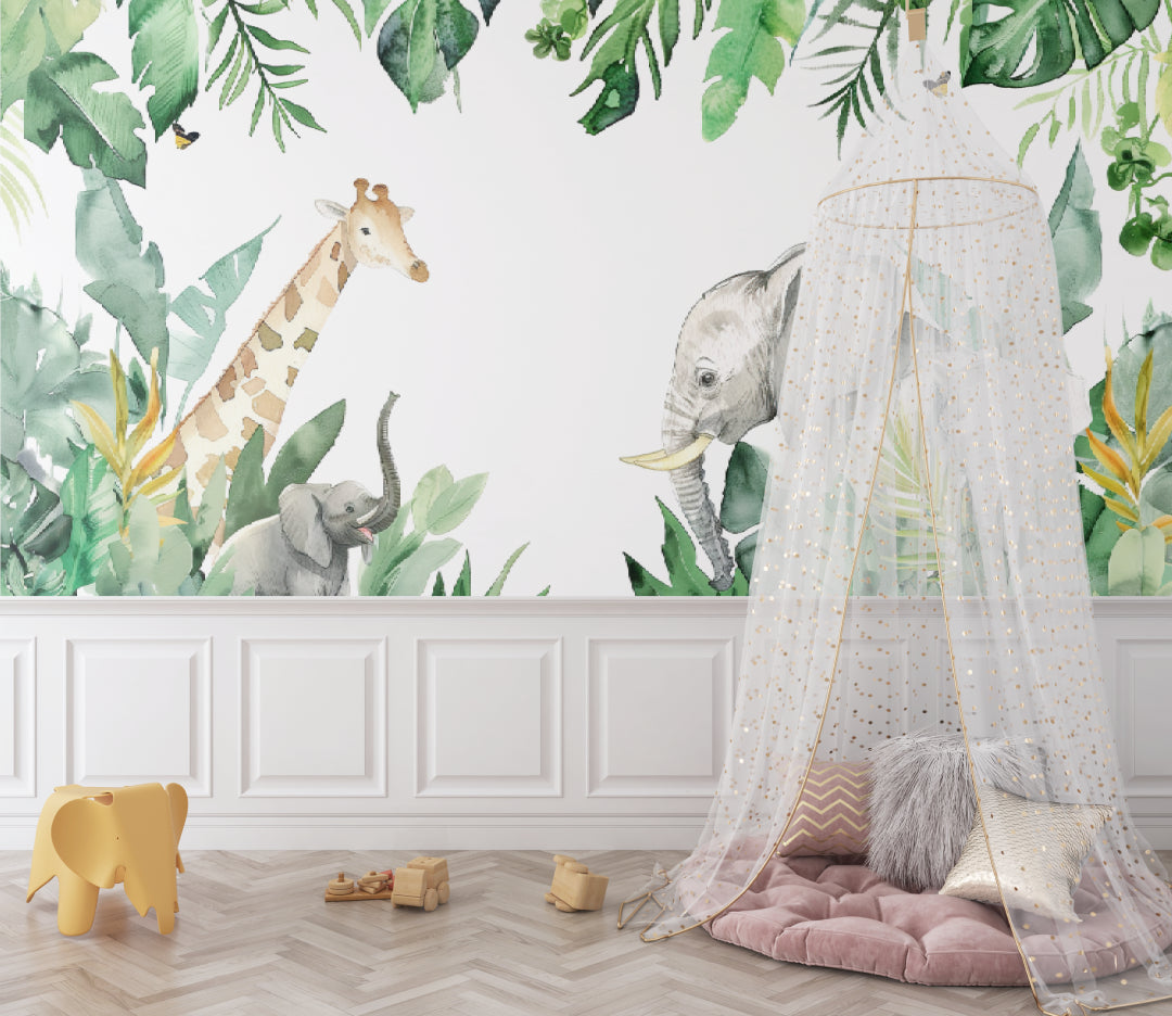 Papier Peint Safari Animaux de la Jungle et Feuillage Aquarelle Example de Design 1