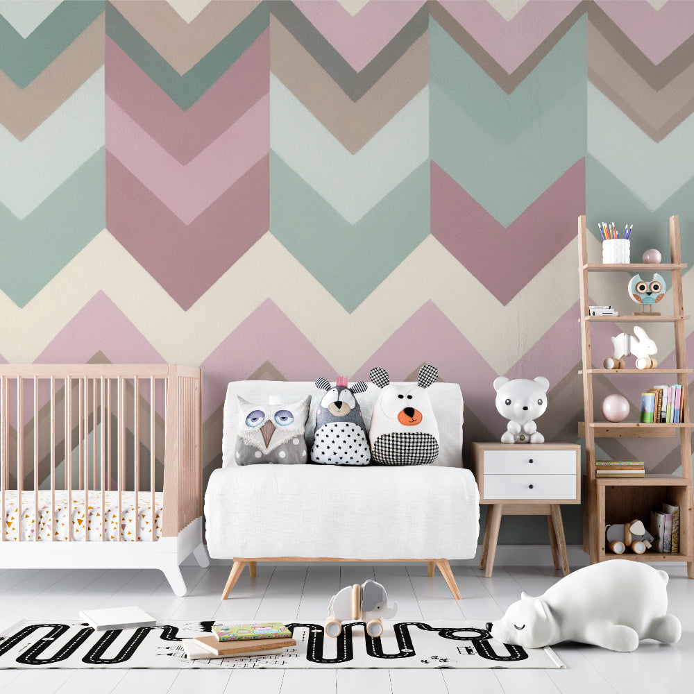 Papier Peint Géométrique Chevrons Pastel Rose et Vert Sauge Example de Design 1