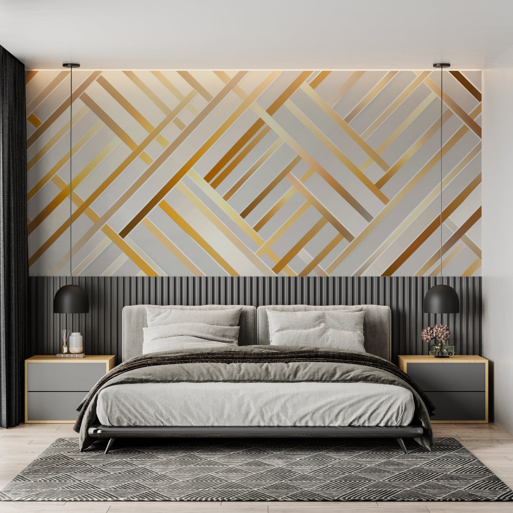 Papier Peint Géométrique Lignes Art Déco Blanc et Doré Example de Design 1
