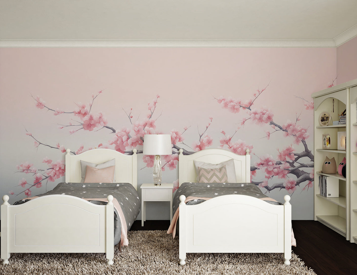 Papier Peint Cerisier Japonais Fleurs de Sakura sur Dégradé Gris Example de Design 1