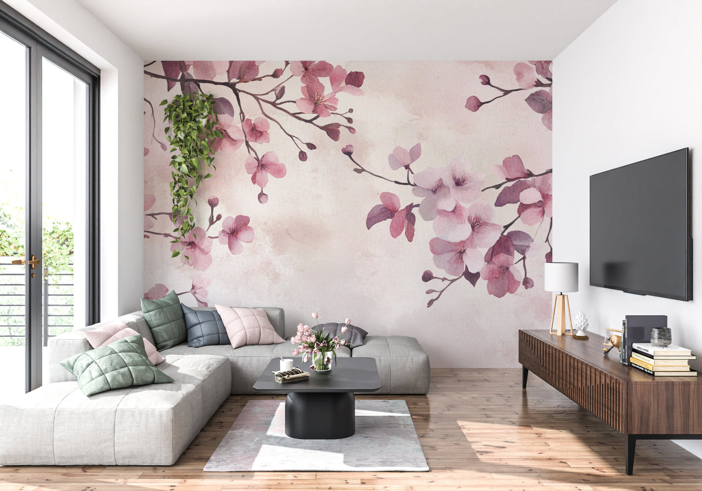 Papier Peint Fleurs de Cerisier Aquarelle Japonaise Rose et Mauve Example de Design 1