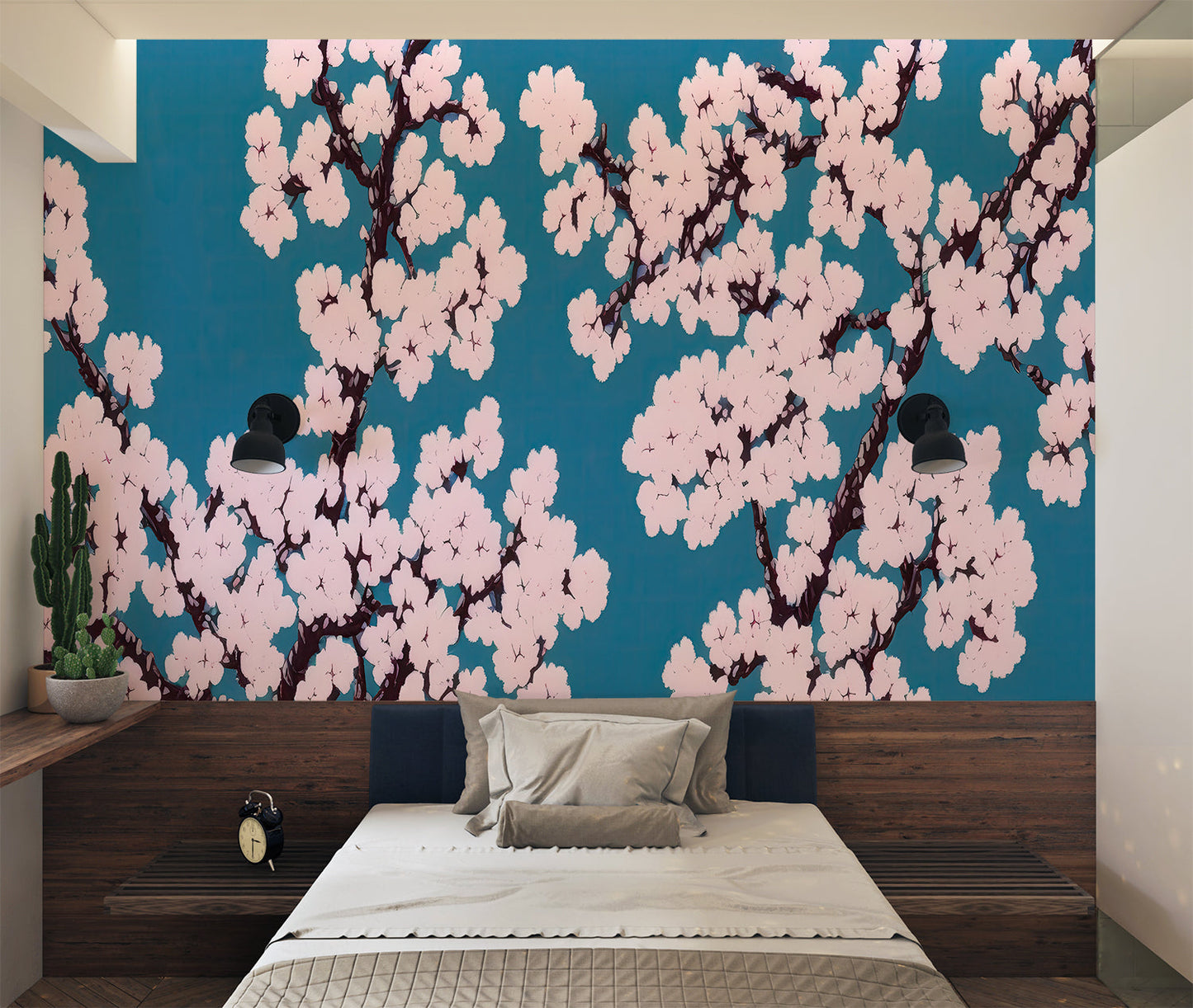 Papier Peint Japonais Fleurs de Cerisier sur Fond Bleu Canard Example de Design 1
