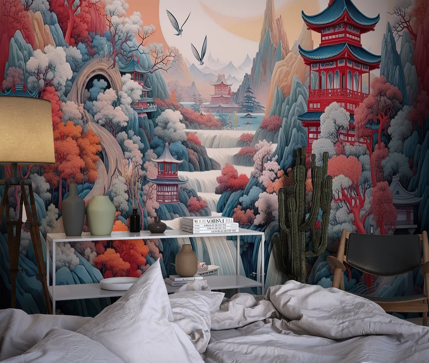Papier Peint Japonais Paysage Traditionnel avec Pagodes et Cerisiers Example de Design 1