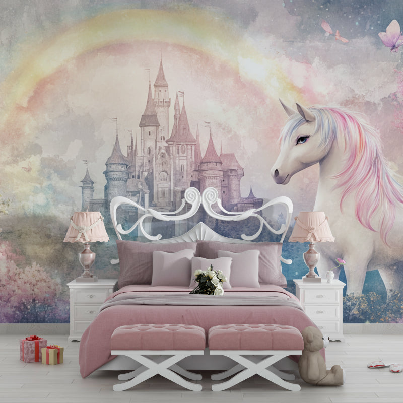 Papier Peint Licorne Château Magique avec Arcenciel Pastel Example de Design 1