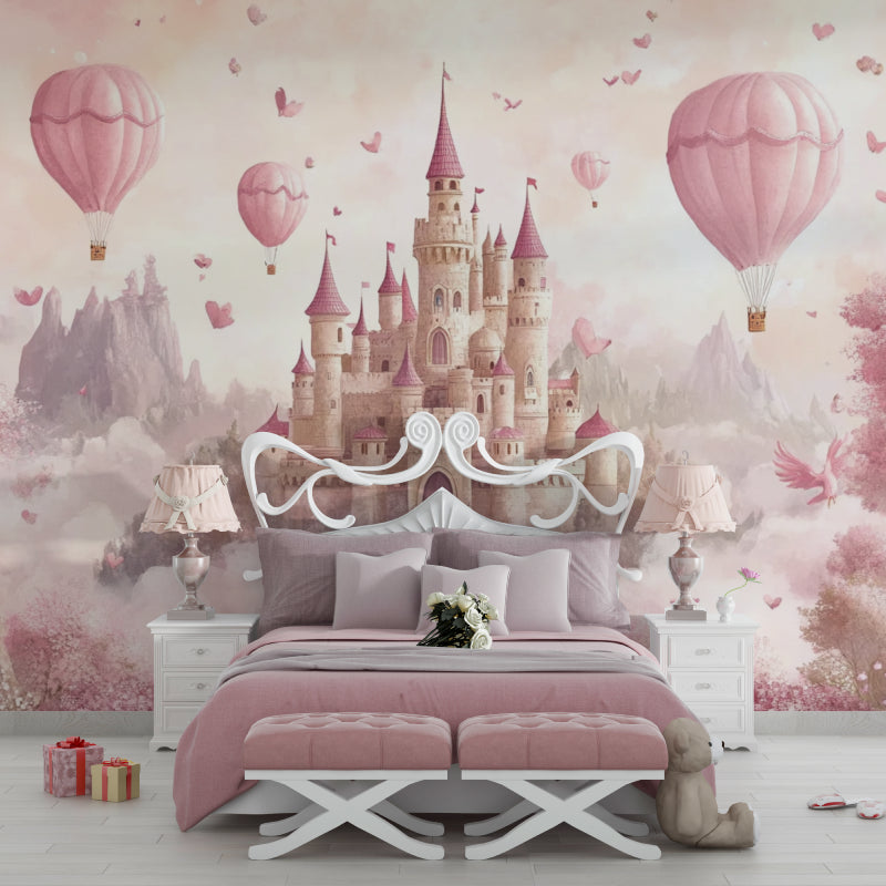 Papier Peint Château de Princesse Montgolfières Roses et Papillons Enchantés Example de Design 1