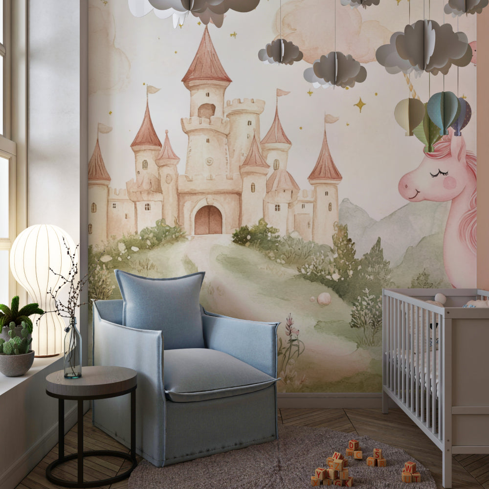 Papier Peint Château de Princesse Licorne et Oiseaux Style Aquarelle Example de Design 1