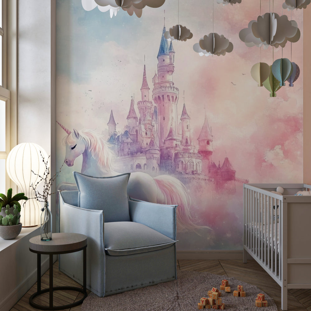 Papier Peint Licorne Château Féerique dans les Nuages Roses et Bleus Example de Design 1