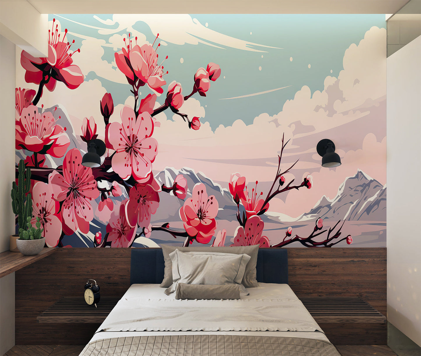 Papier Peint Japonais Fleurs de Cerisier et Montagnes Enneigées Example de Design 1