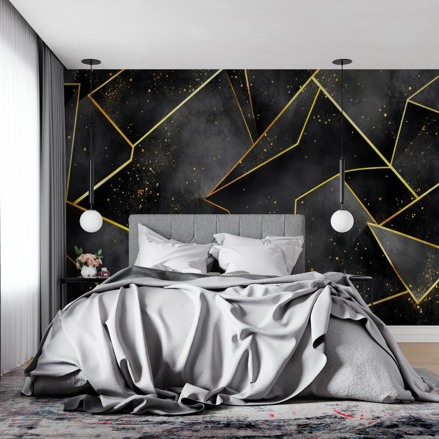 Papier Peint Géométrique Design Angulaire Noir et Doré Example de Design 1